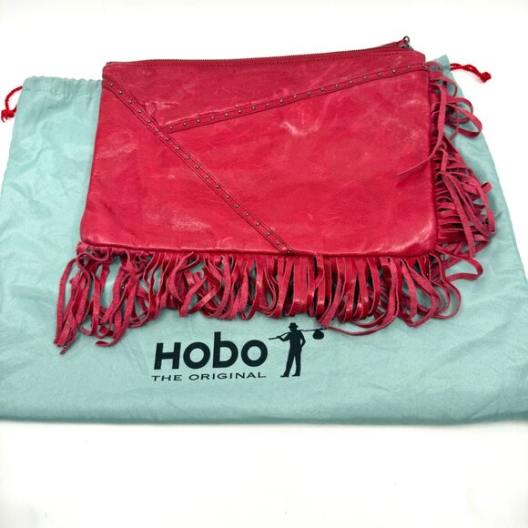 HOBO Red Leather Wristlet Clutch with Studs & Fringe Detail Excellent Condition - Picture 10 of 12